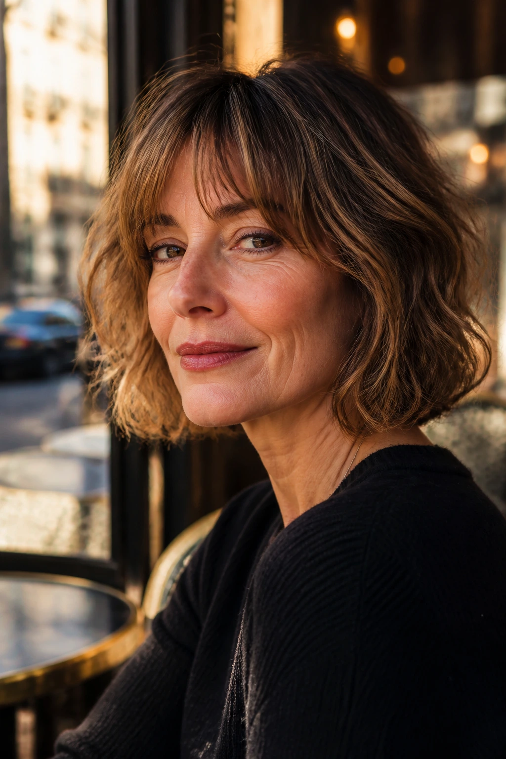 Medium close-up of a real woman with a grown-out French bob grazing the neck