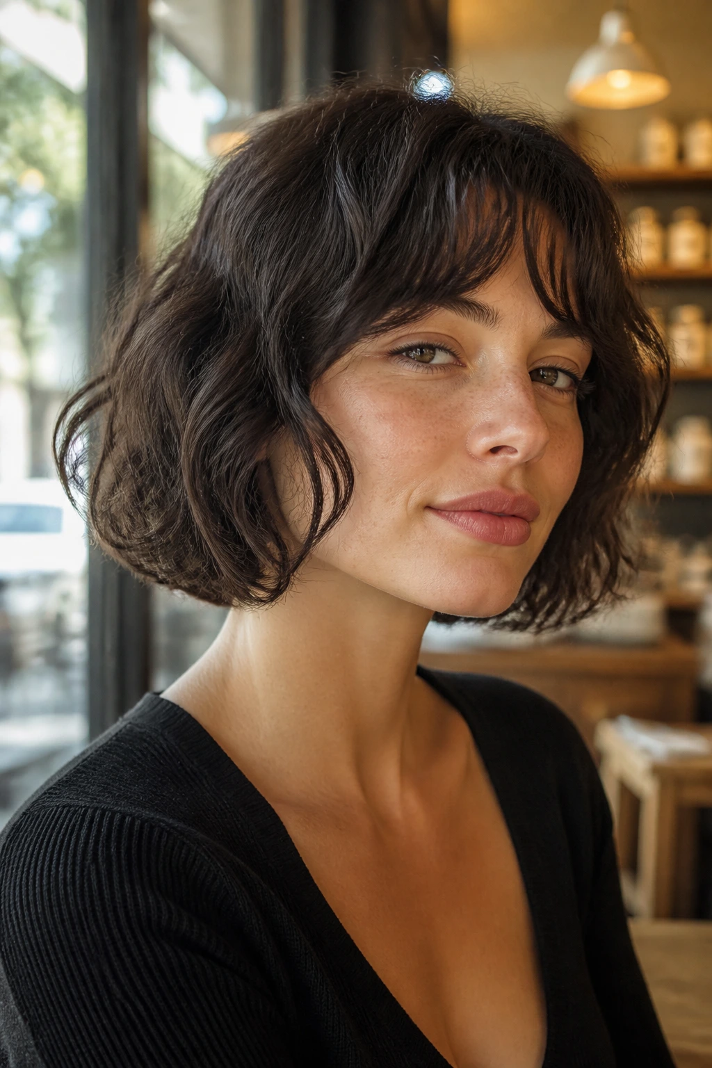 Close-up portrait of a real woman with a grown-out French bob under the chin