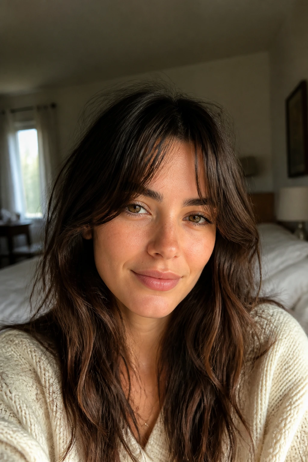 Close-up portrait of brunette with grown-out fringe and soft waves in sunlit bedroom