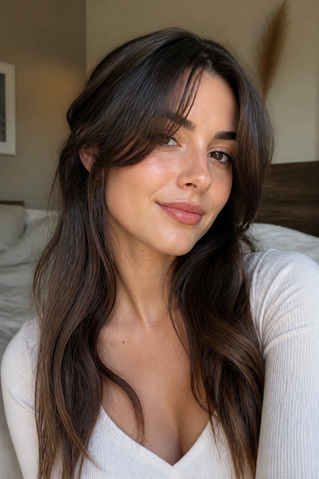 Close-up portrait showing a grown-out fringe on a real woman in natural window light