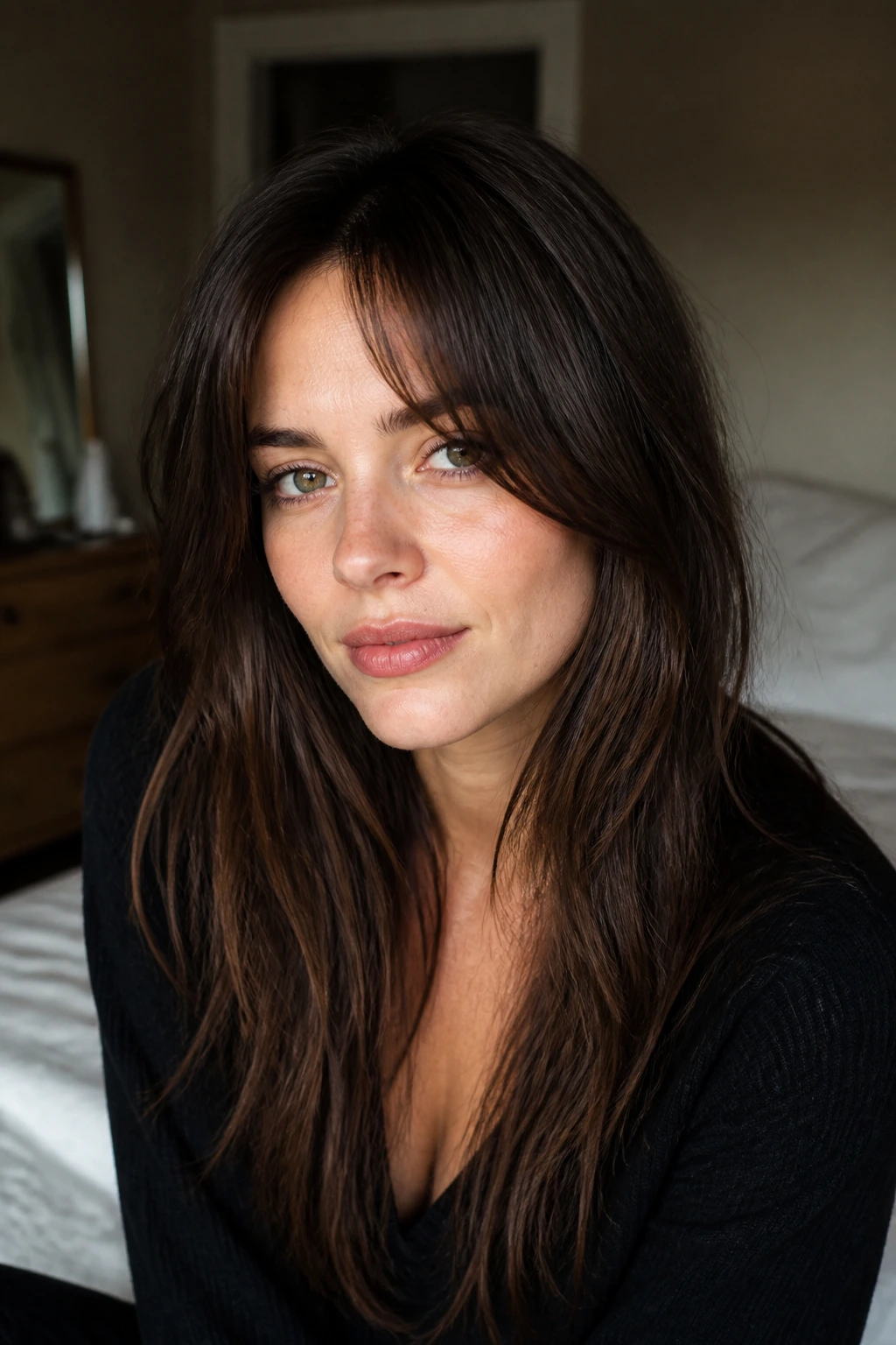 Close-up of a real woman with a grown-out fringe framing the cheekbone in warm natural light.