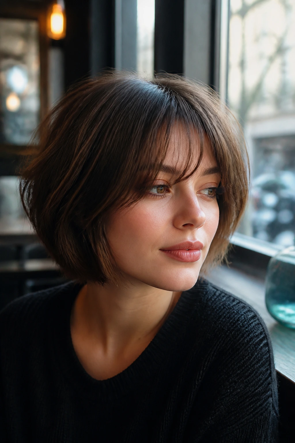 Close-up of a real person with grown-out fringe blending into face-framing layers in daylight
