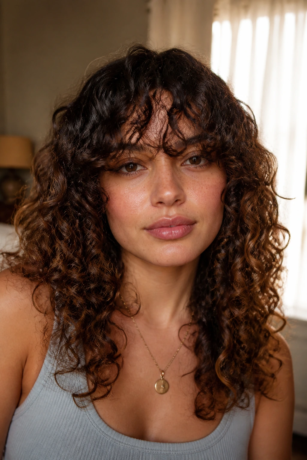 Close-up of a real woman with grown-out fringe skimming the eyes