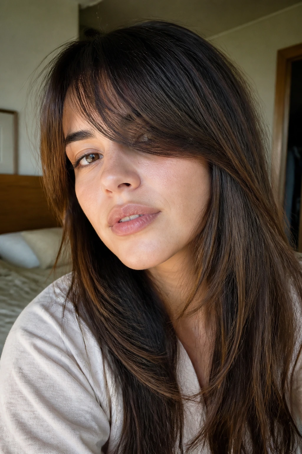 Real woman with grown-out sweeping fringe framing the eyes.