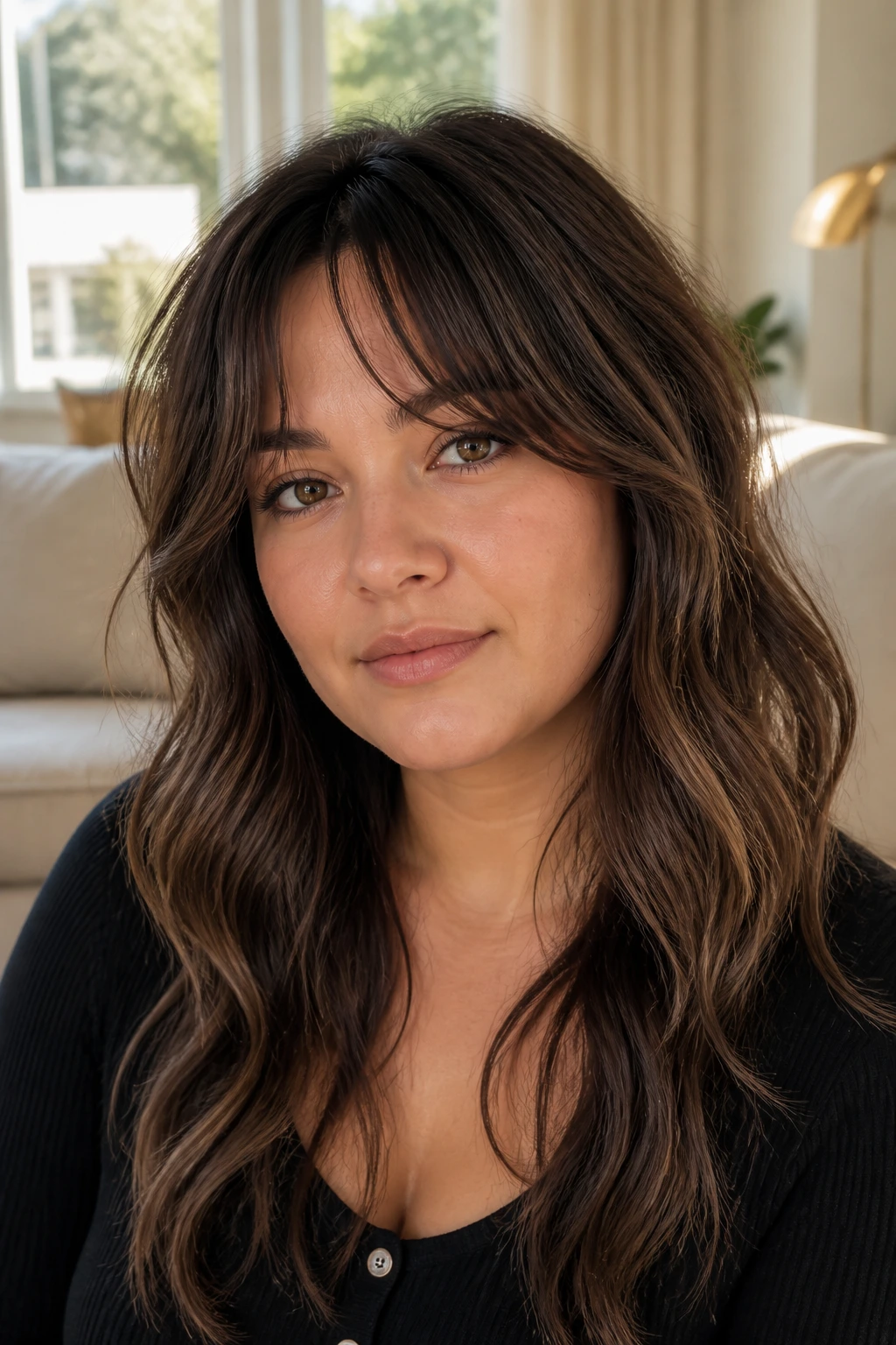 Close-up portrait of a woman with a soft grown-out fringe blending into long waves.