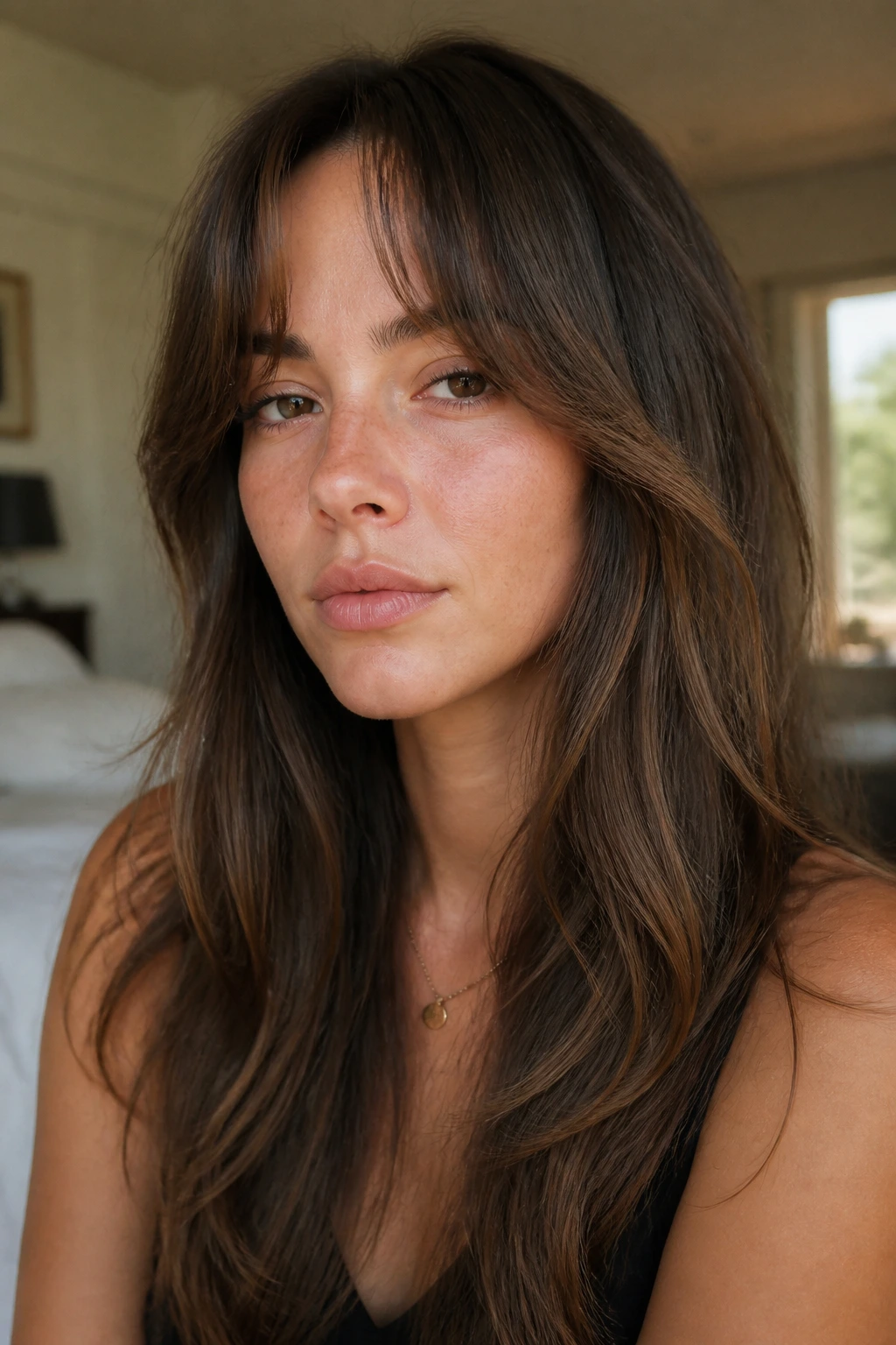 Close-up of a woman with grown-out fringe blending into layers