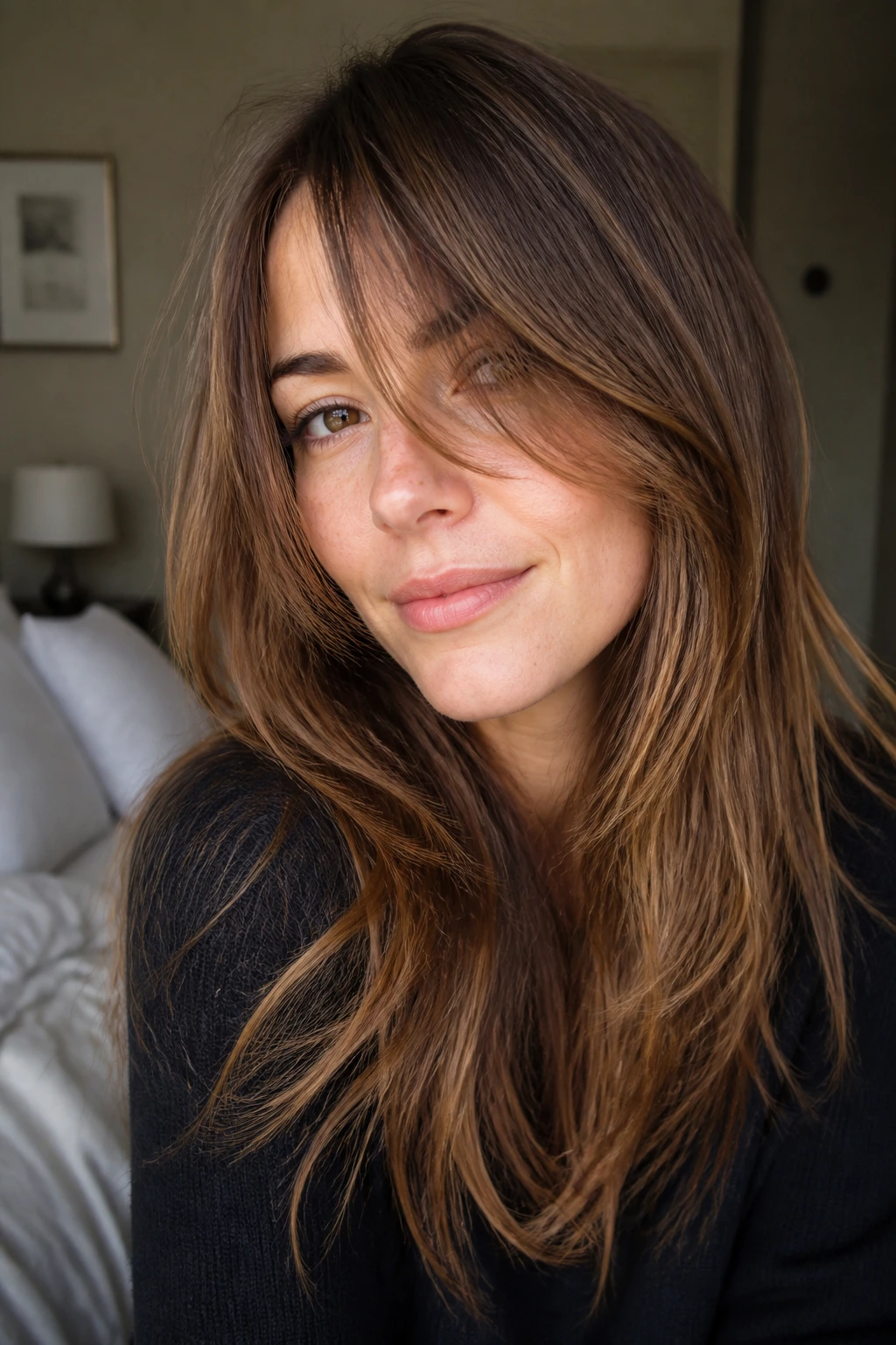 Close-up of a real woman with a grown-out fringe blending into long layers