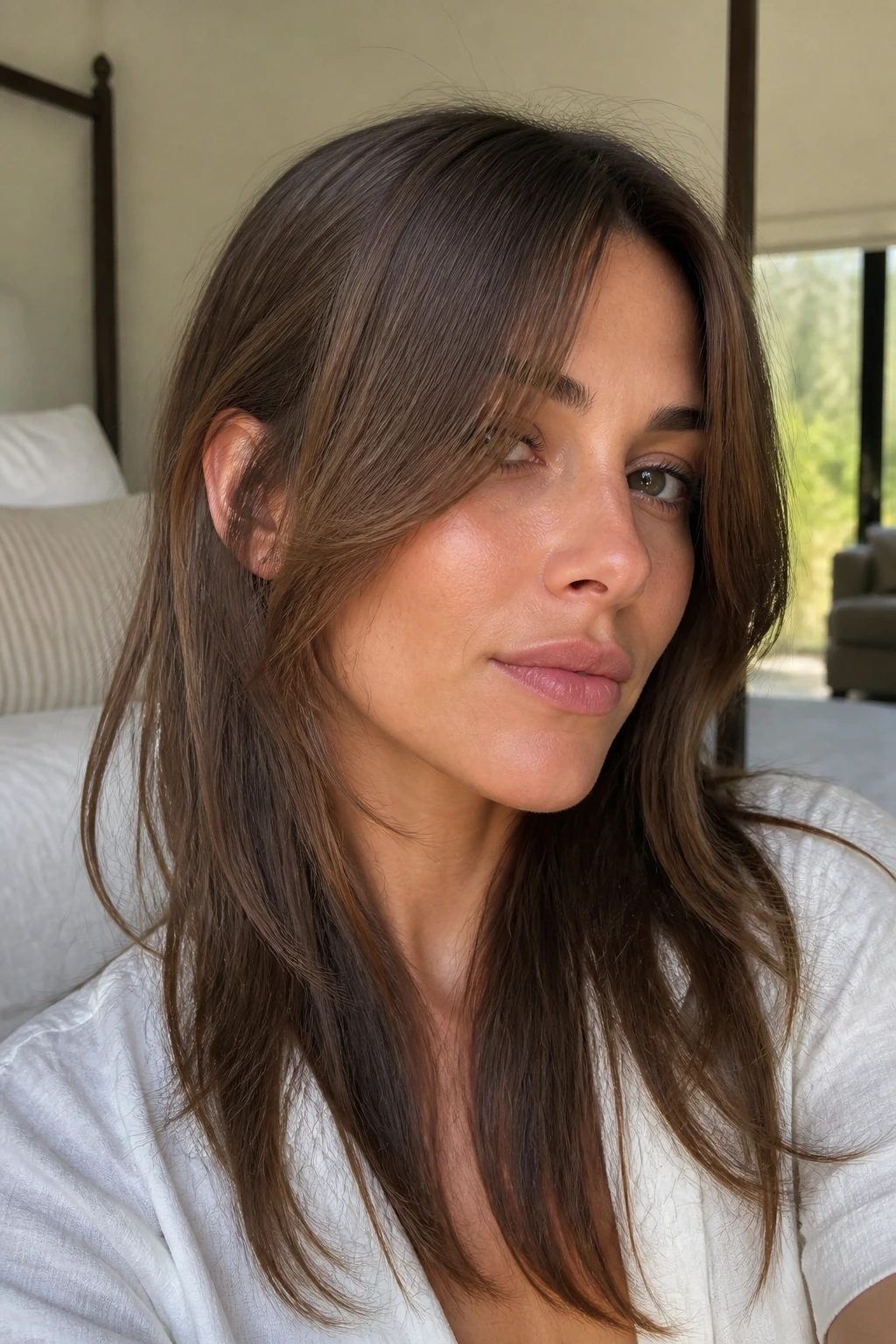 Close-up portrait of a real woman with a grown-out fringe between cheekbone and lip level, tucking behind the ear.