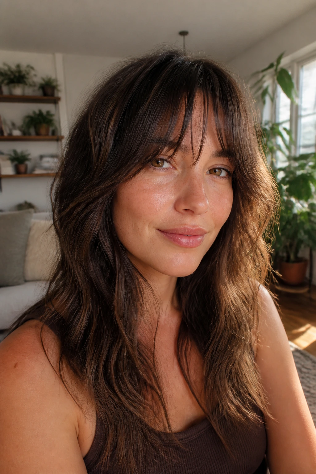 Close-up portrait of a real person with grown-out choppy fringe