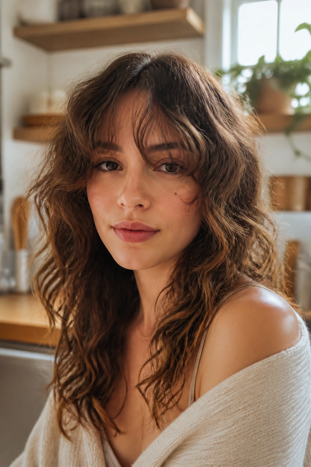 Close-up of a real woman with grown-out fringe drifting below the brows