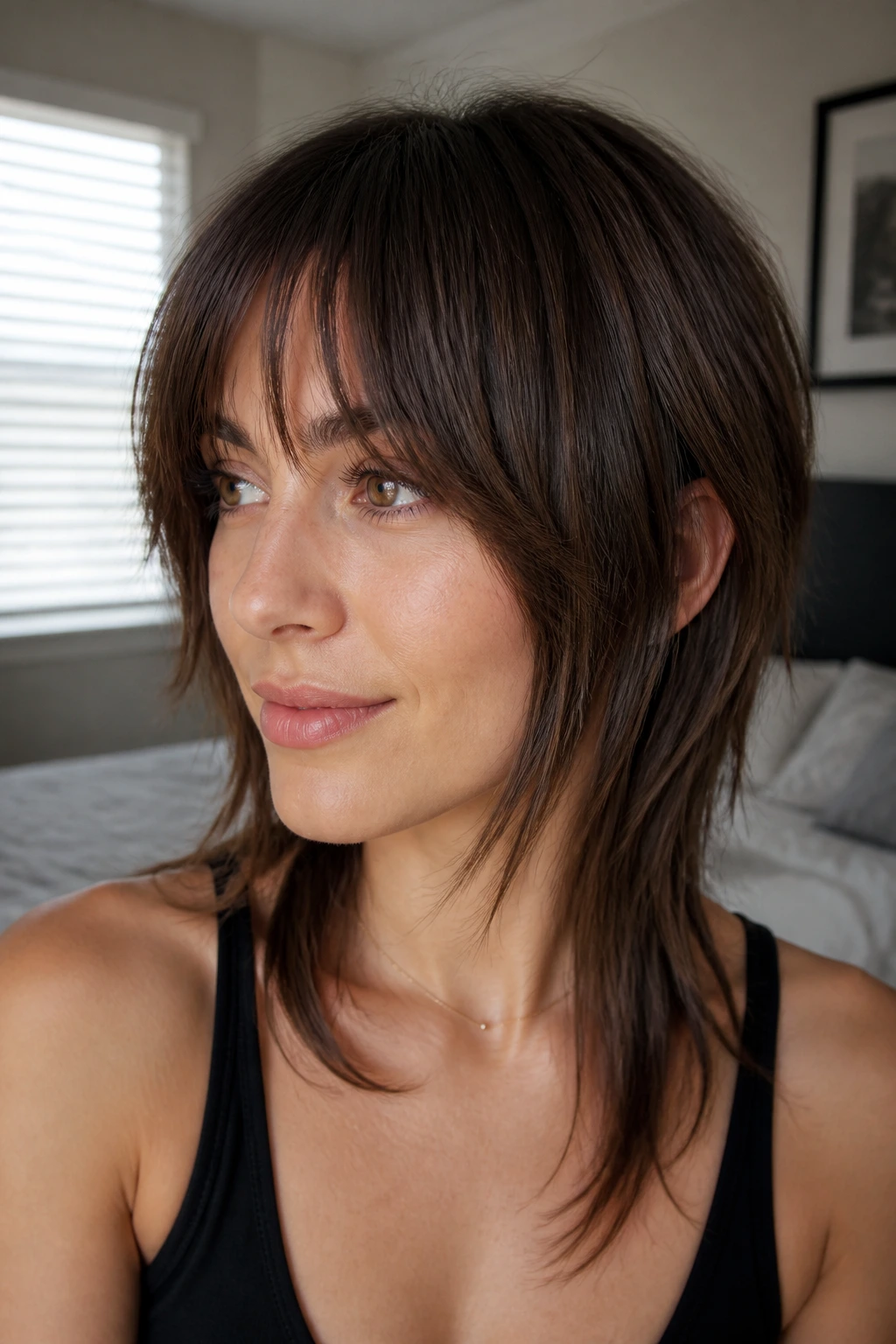 Close-up portrait of a real woman with grown-out fringe and long razor sides