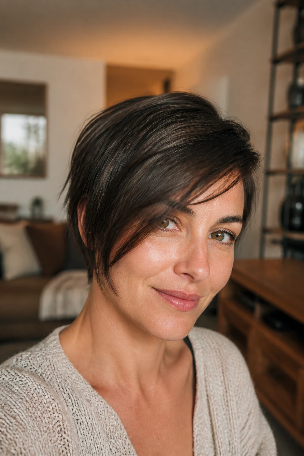Close-up of real woman with grown-out fringe sweep