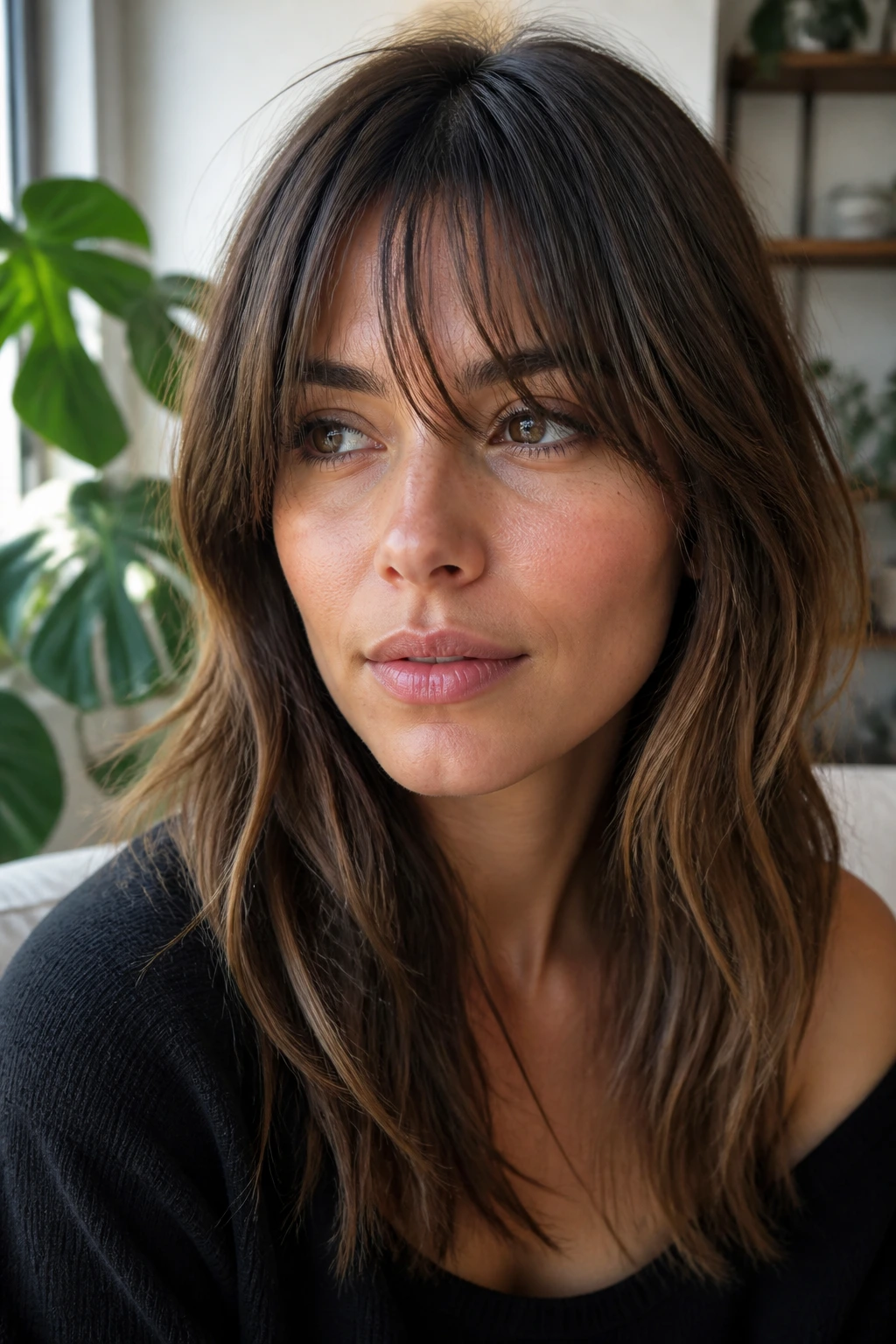 Close-up portrait of a real woman with grown-out fringe that looks intentional, natural light