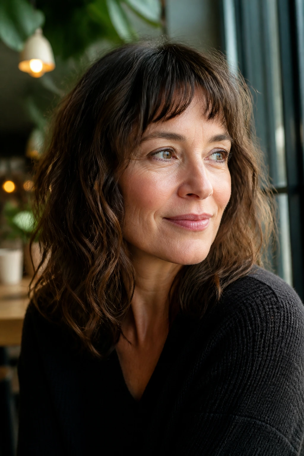 Close-up of real woman with eyebrow-length grown-out fringe in natural cafe light