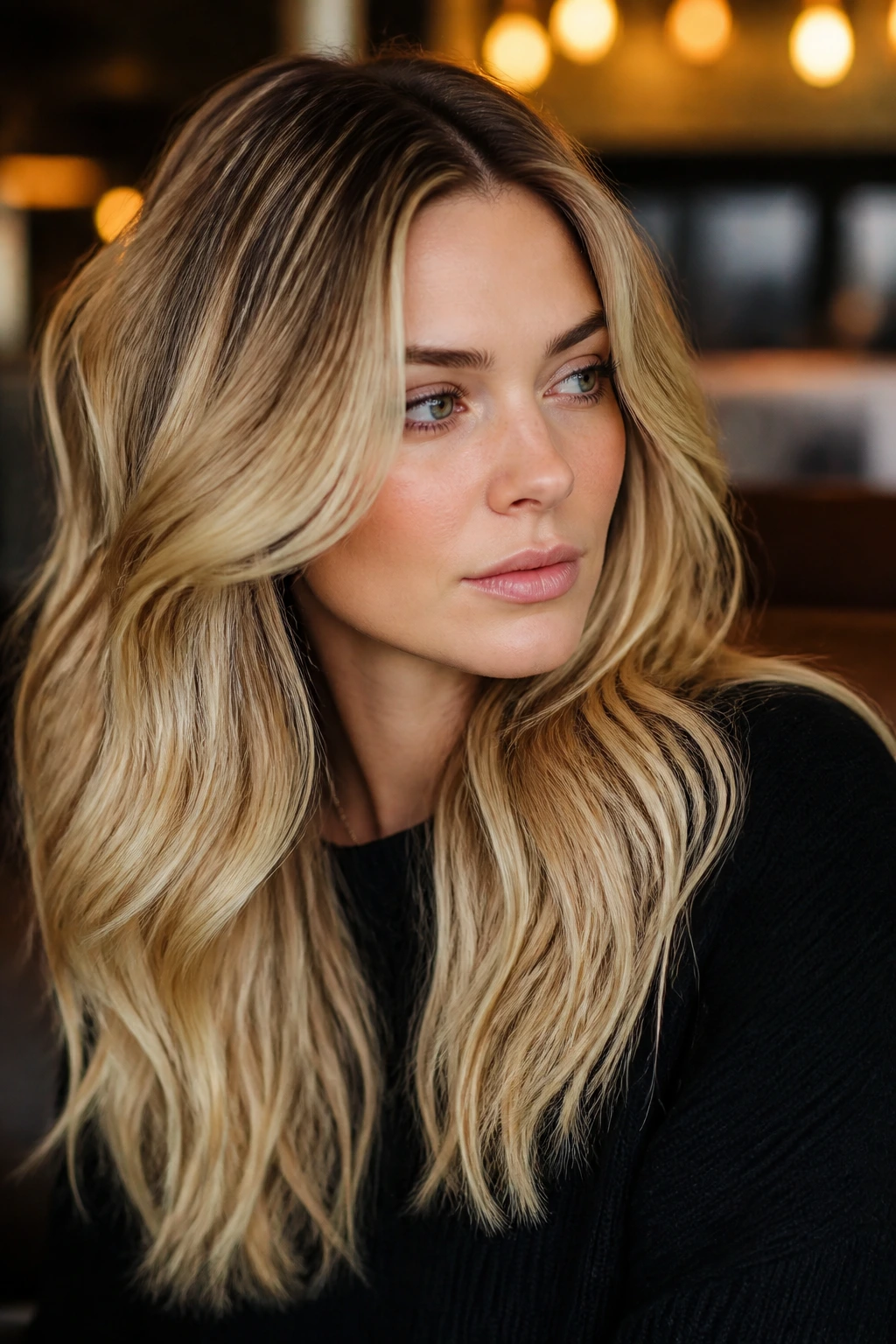 Portrait of a real woman with grown-out gold glam and darker roots