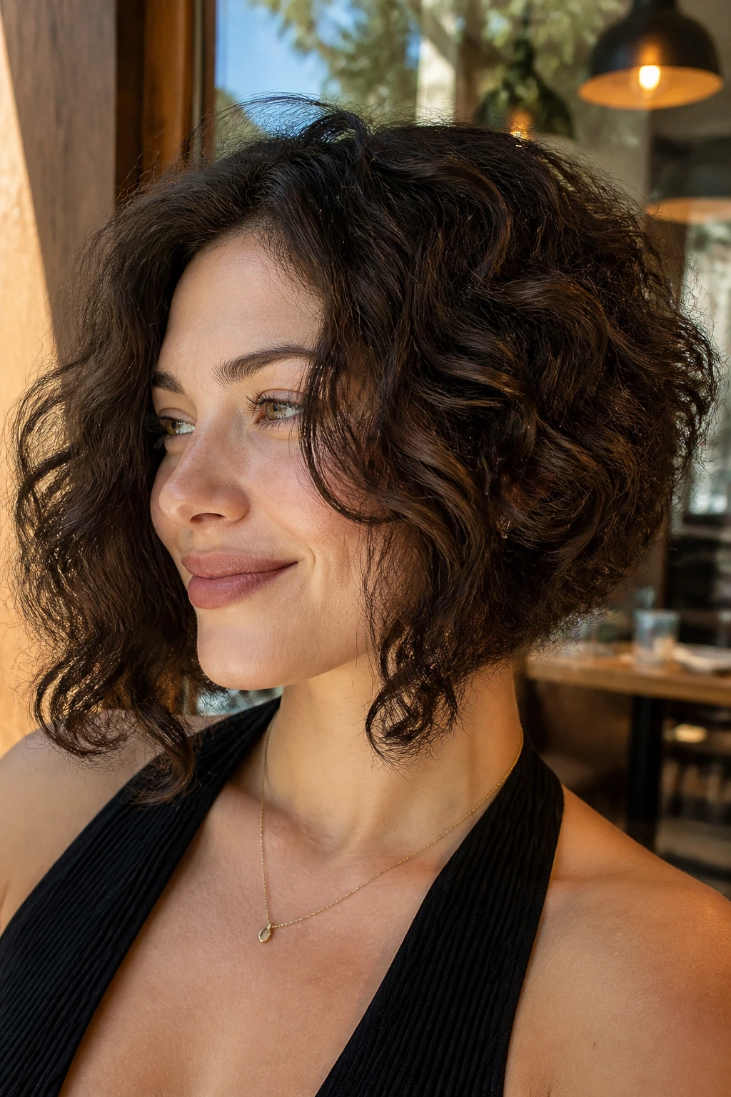 Real woman with a grown-out inverted bob in a sunlit cafe