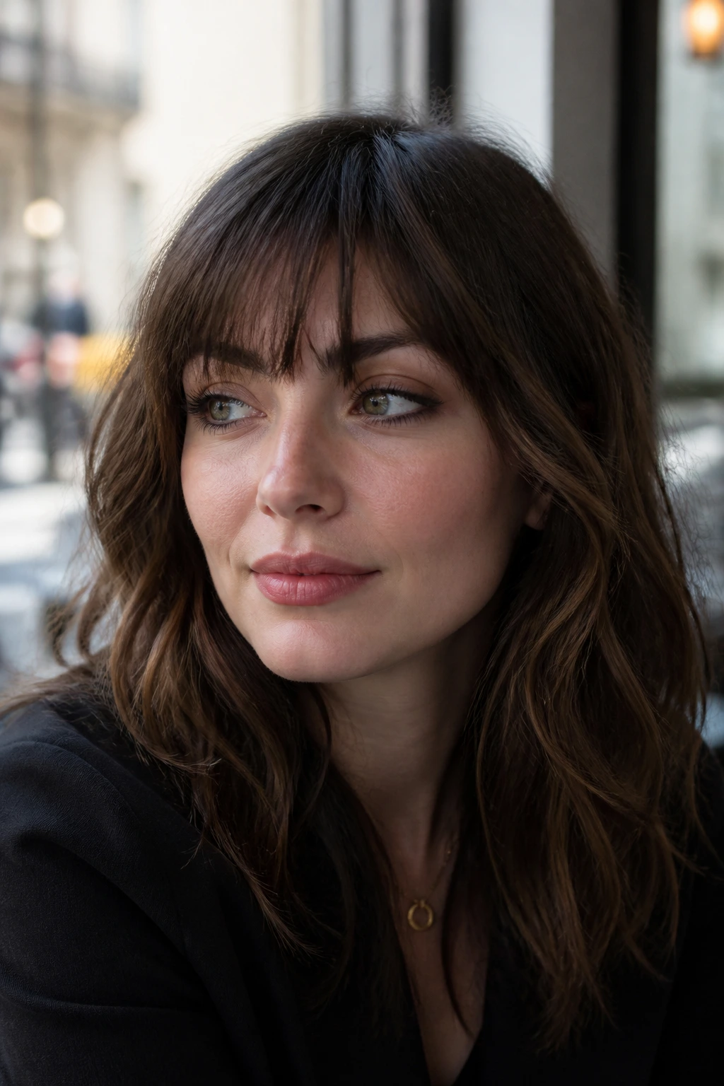 Close-up of lash-line grown-out bangs on a real woman