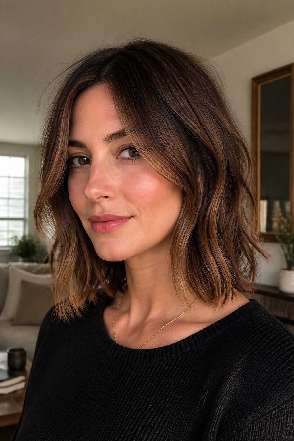 Close-up portrait of a real woman with a grown-out lob and cheekbone pieces in warm window light