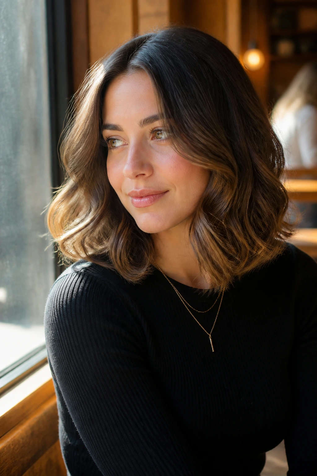 Close-up of a real woman with Grown-Out Lob with Soft Curl, center-parted lob and loose curls