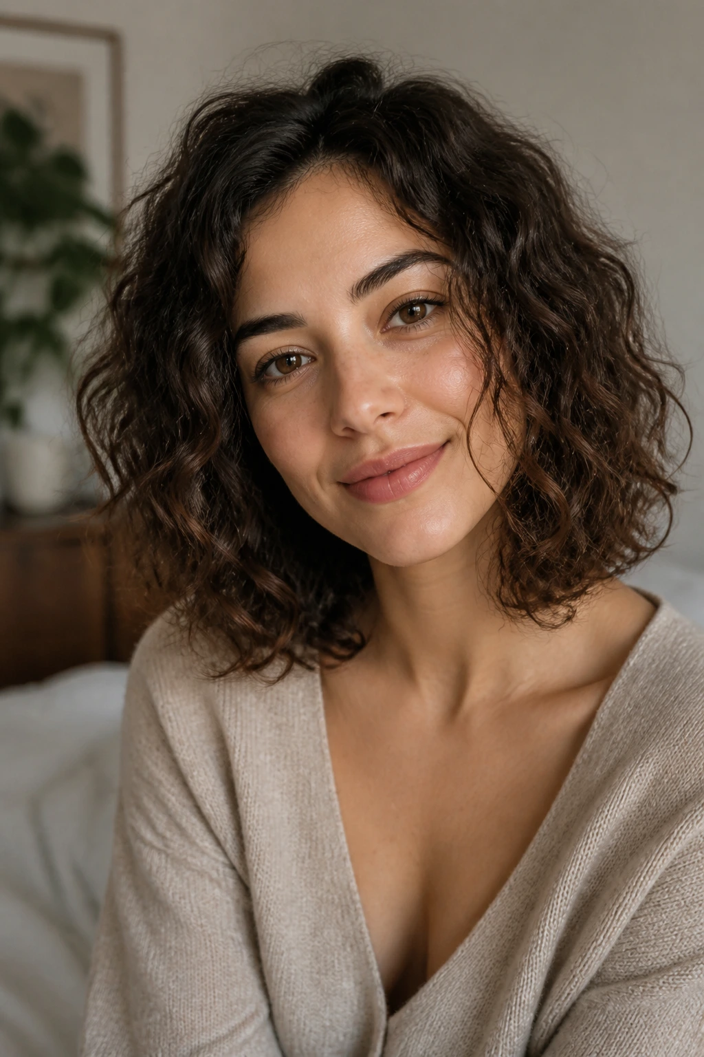 Close-up portrait of a real woman with a grown-out lob and rounded perimeter in soft daylight.