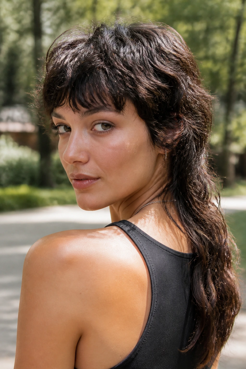 Portrait of a real woman with grown-out mullet shag in an outdoor park setting