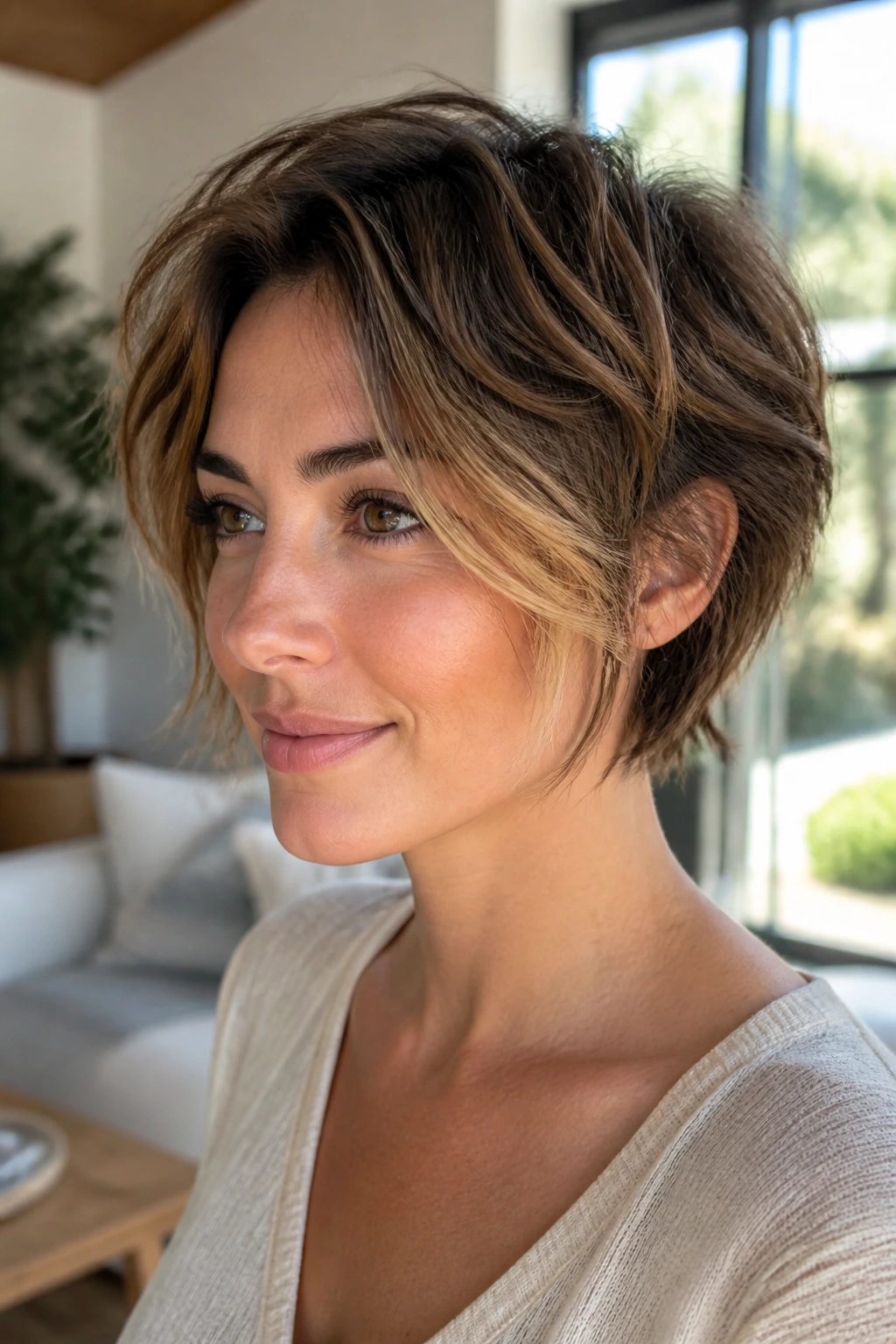 Portrait of a real person with grown-out pixie bob hairstyle in bright living room