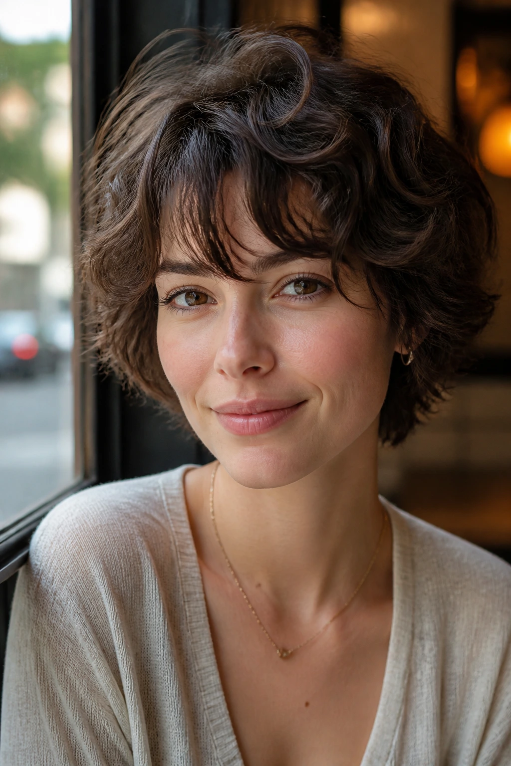 Close-up of a person with grown-out pixie bob and airy layers