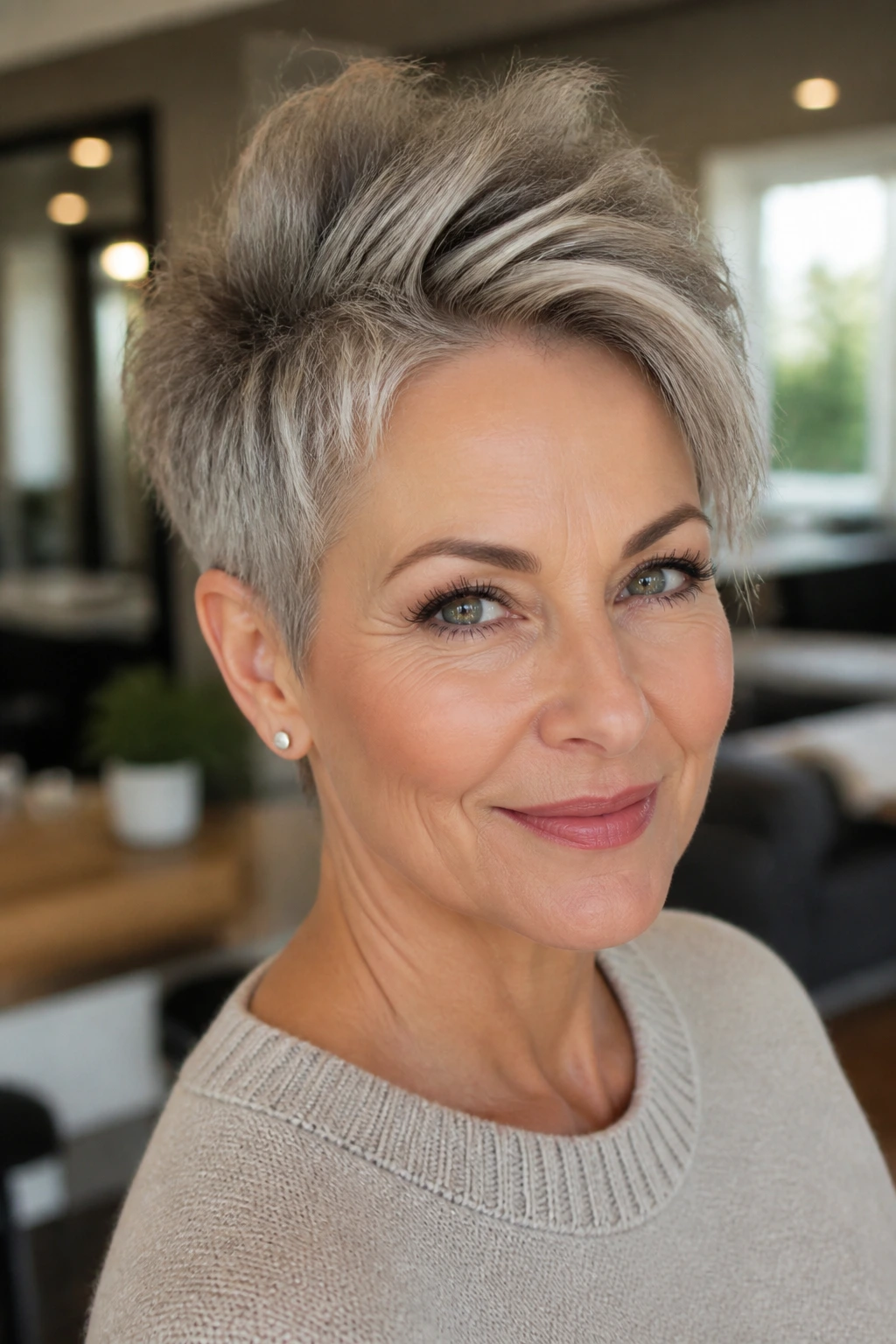 Real woman with grown-out pixie and height at the crown