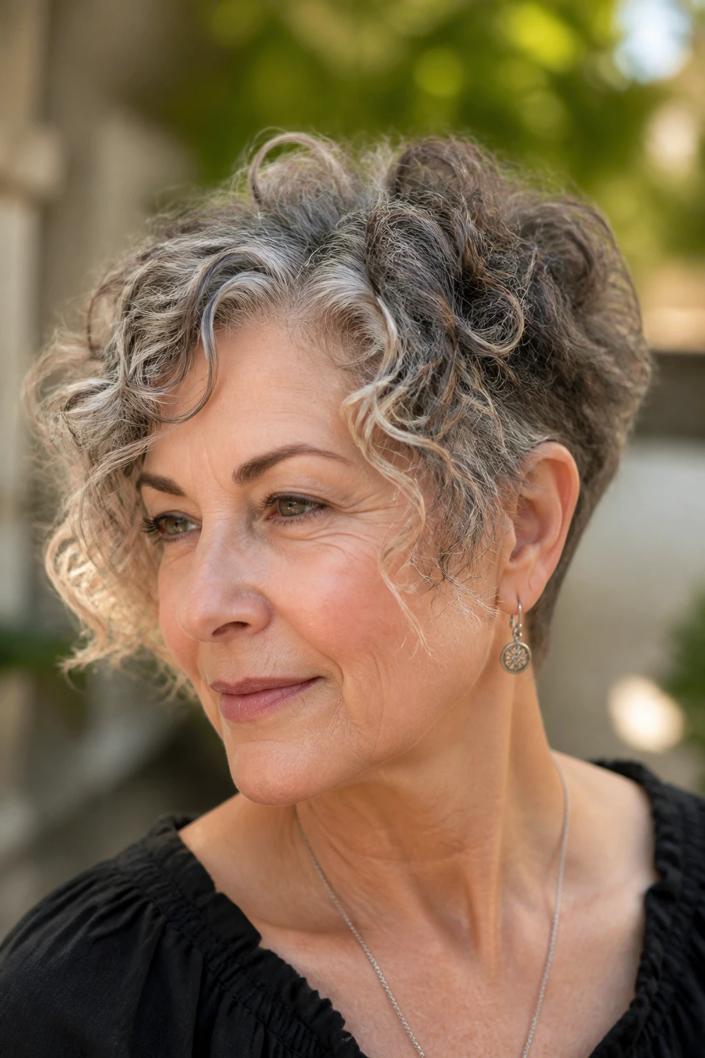 Close-up of a real woman with face-framing ringlets from a grown-out curly pixie outdoors