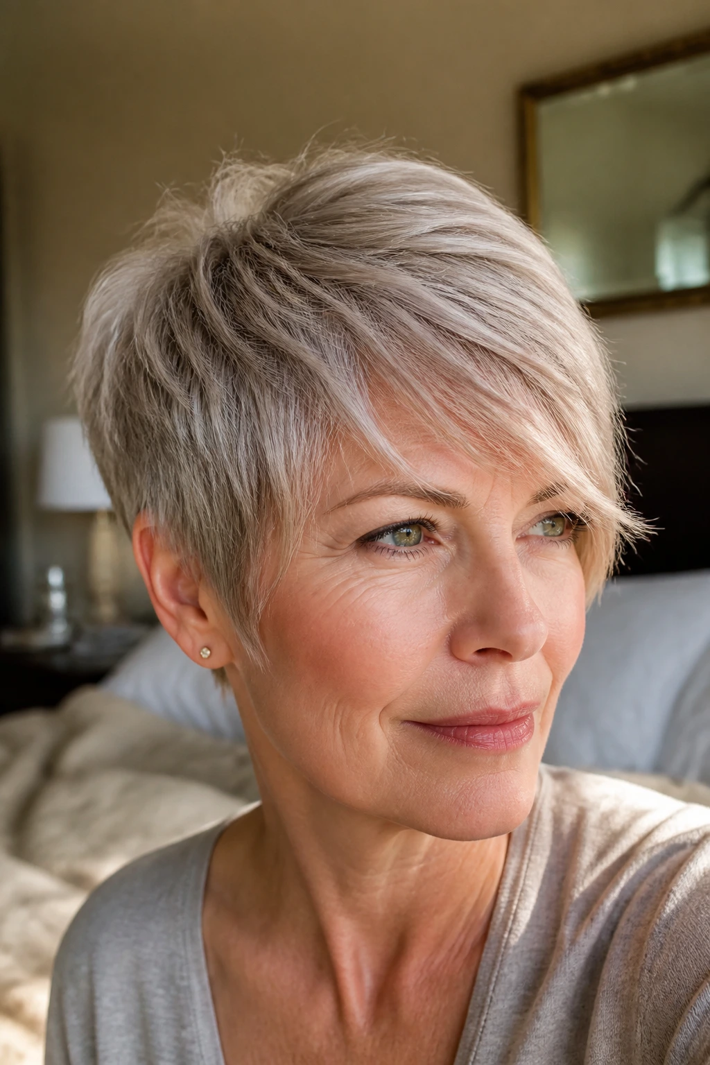 Portrait of real woman with grown-out pixie fringe