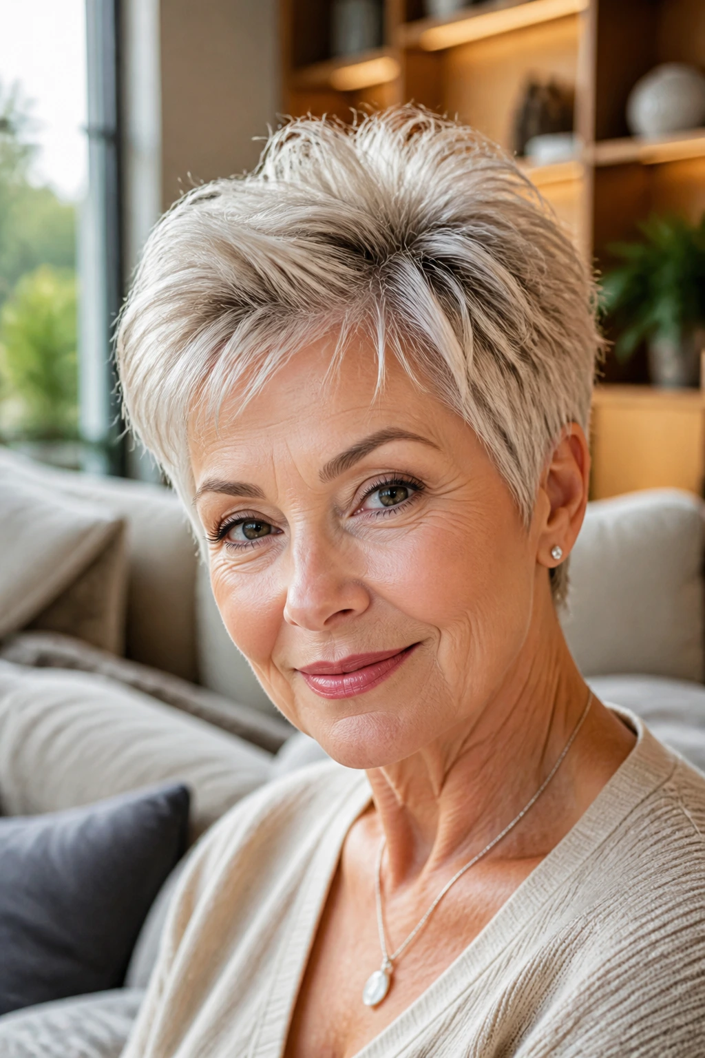 Close-up portrait of a real woman with grown-out pixie and lifted crown, subtle babylights