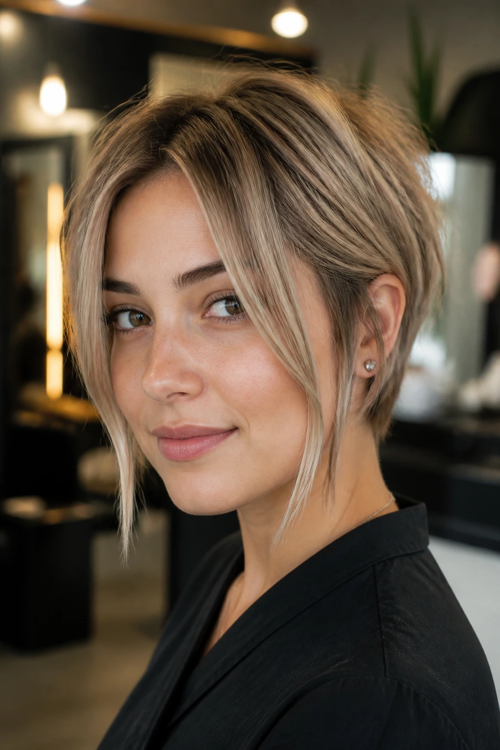 Portrait of a woman with a grown-out pixie and long front panels framing the face.
