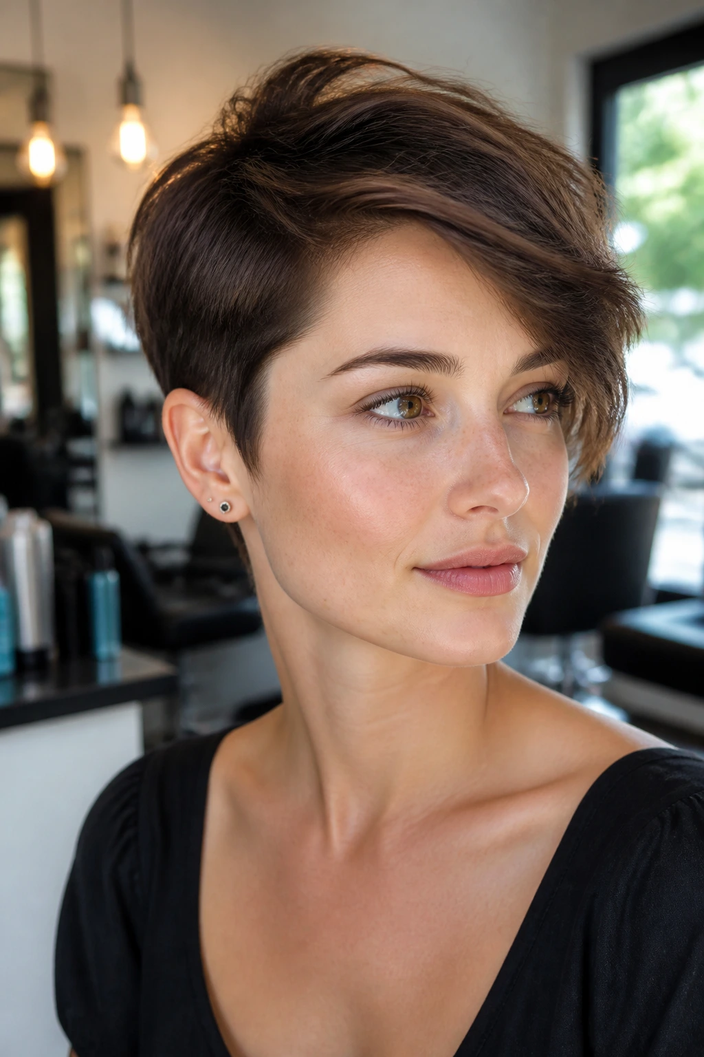 Close-up portrait of a young woman with a grown-out pixie featuring a longer top and textured styling