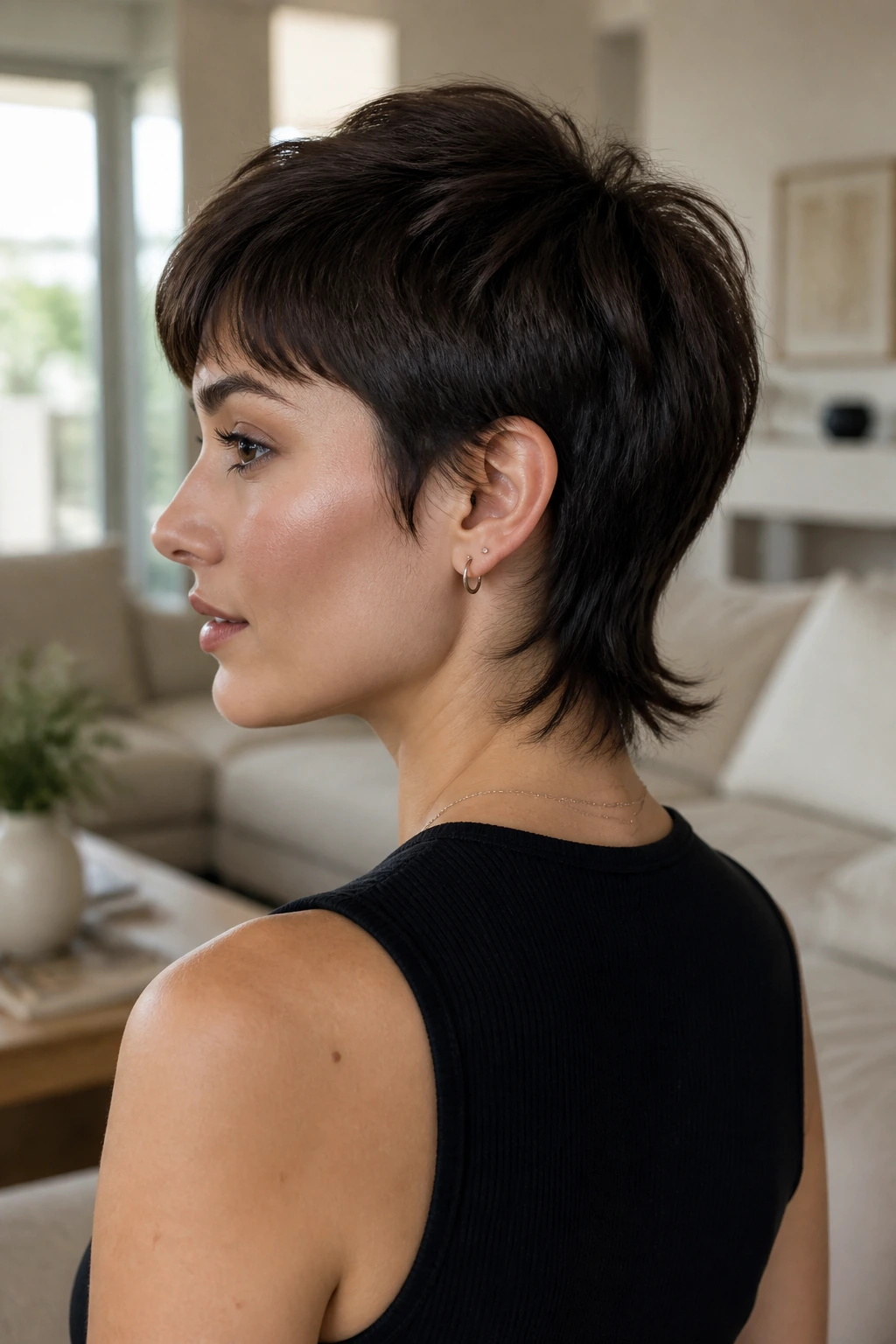 Three-quarter portrait of grown-out pixie mullet with neckline tail