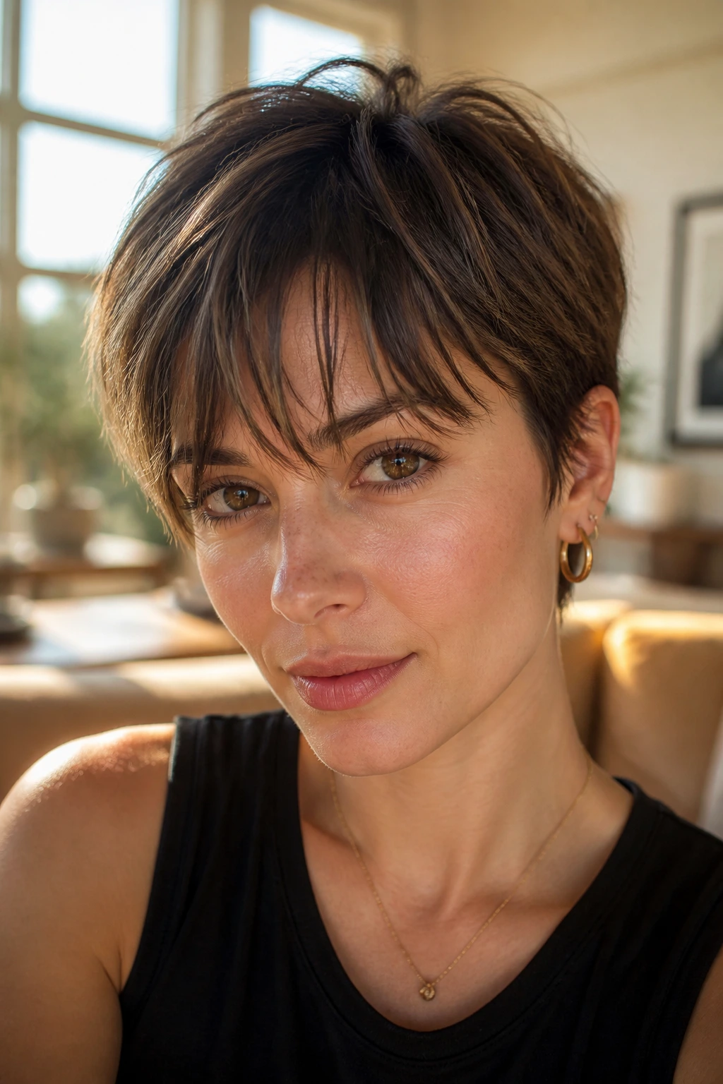 Real woman with grown-out pixie and piecey bangs portrait