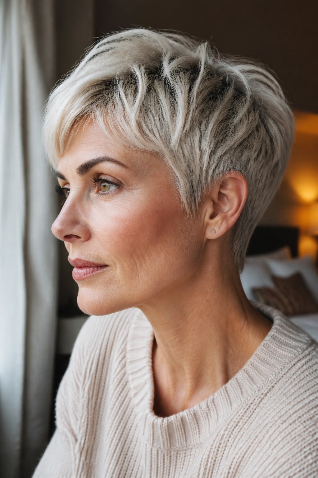 Real woman with grown-out platinum pixie and soft nape.