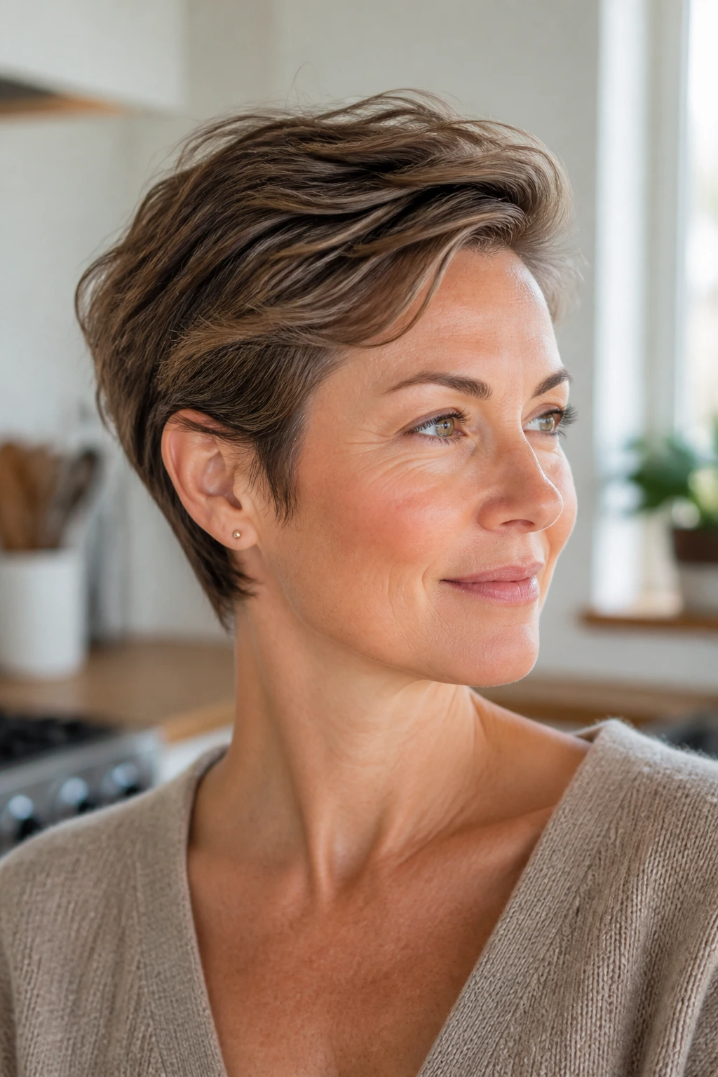 Close-up of a real person with a grown-out pixie in modern kitchen light