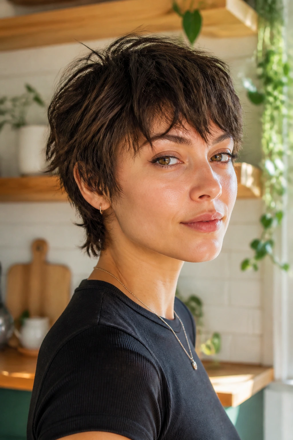 Close-up portrait of a real person with a grown-out pixie shag