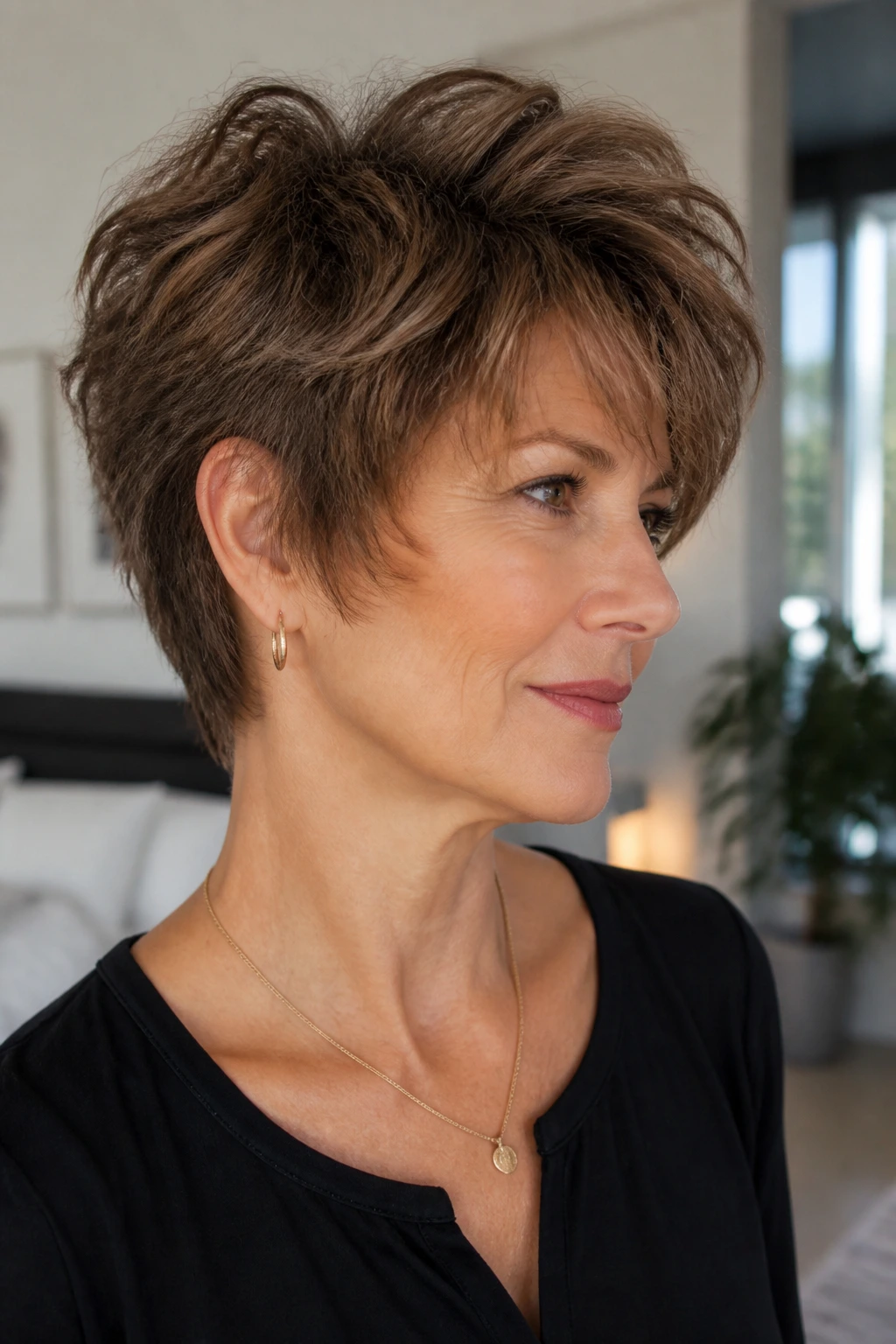 Medium close-up of a real woman with grown-out pixie shag transition