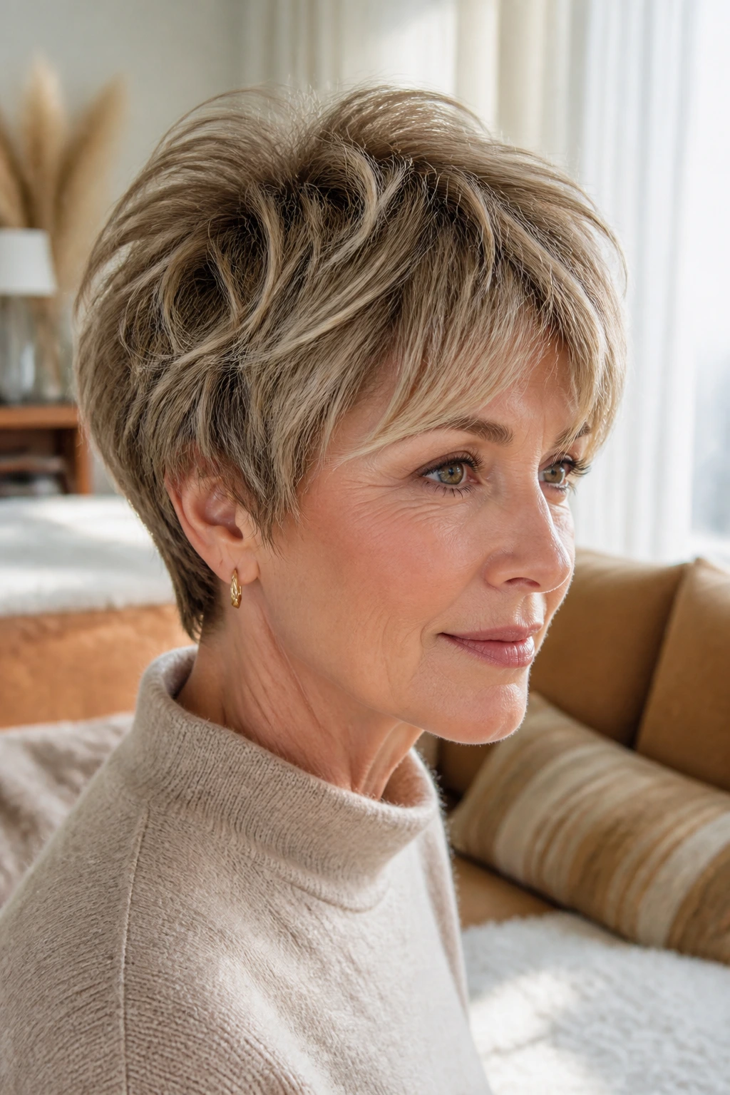 Close-up portrait of real woman with grown-out pixie shag and subtle babylights