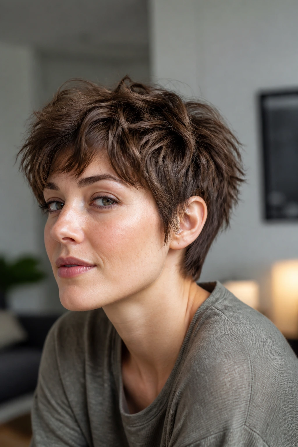 Real person with grown-out pixie shag and wave movement on top