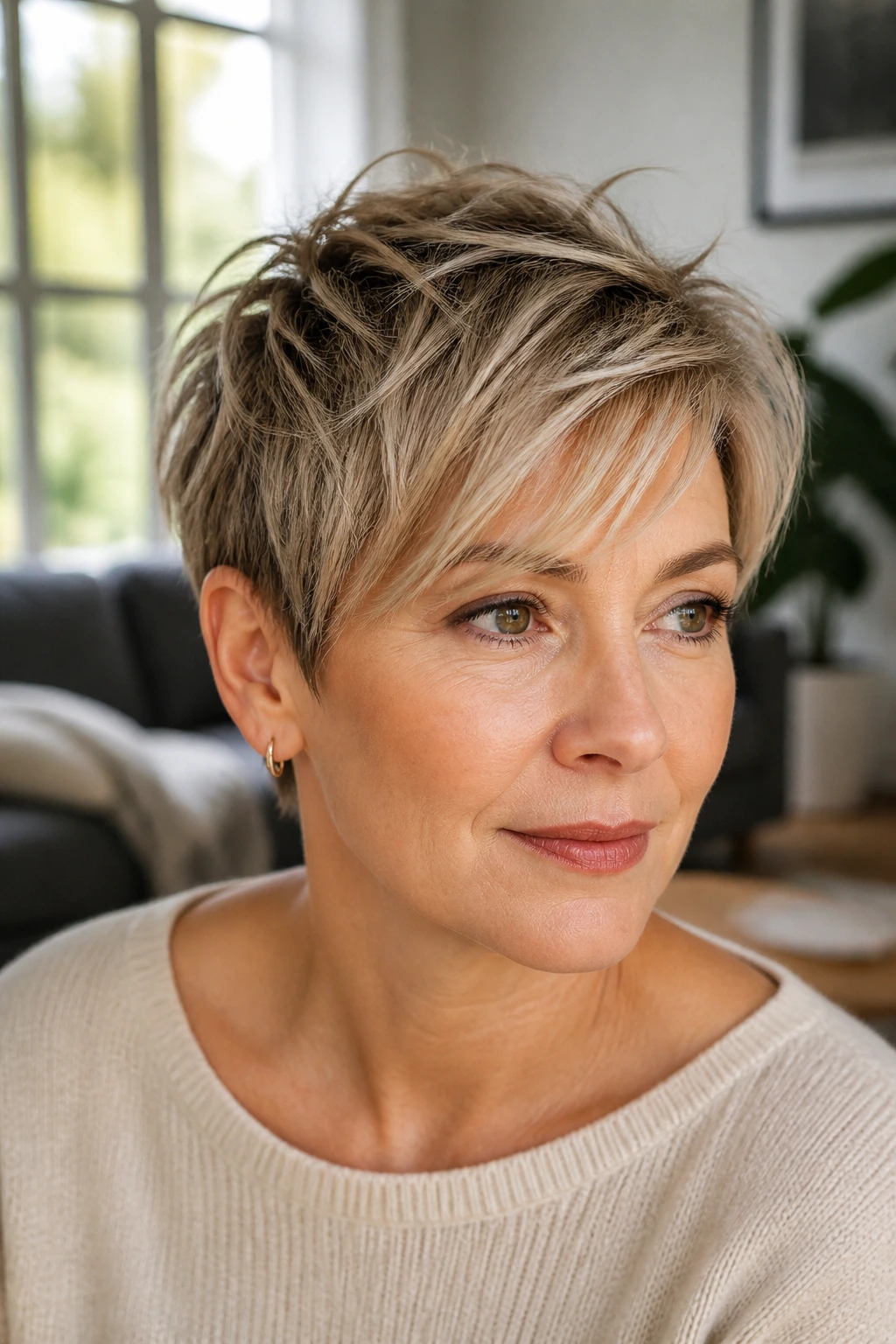 Portrait of a woman with a grown-out pixie and side fringe in a bright setting