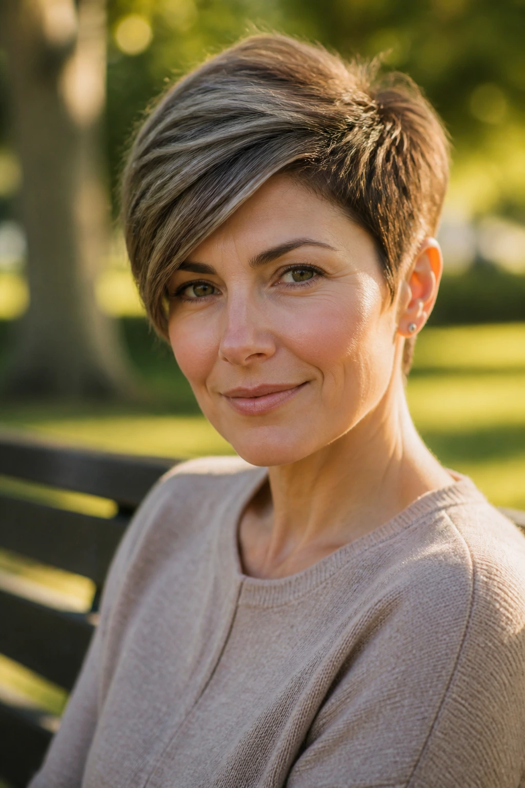 Head-and-shoulders of a real woman with grown-out pixie and side sweep in golden hour light