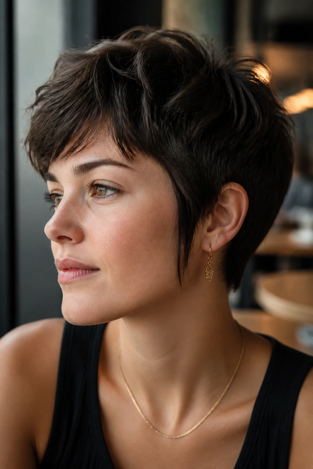 Grown-out pixie with long sideburns framing the jawline.