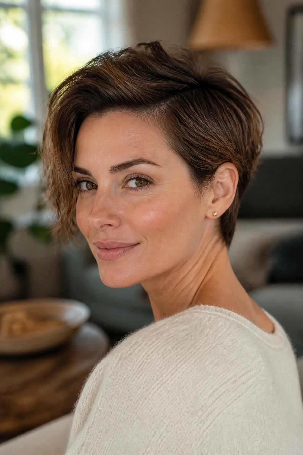 Close-up of a woman with a grown-out pixie and temple volume, warm window light