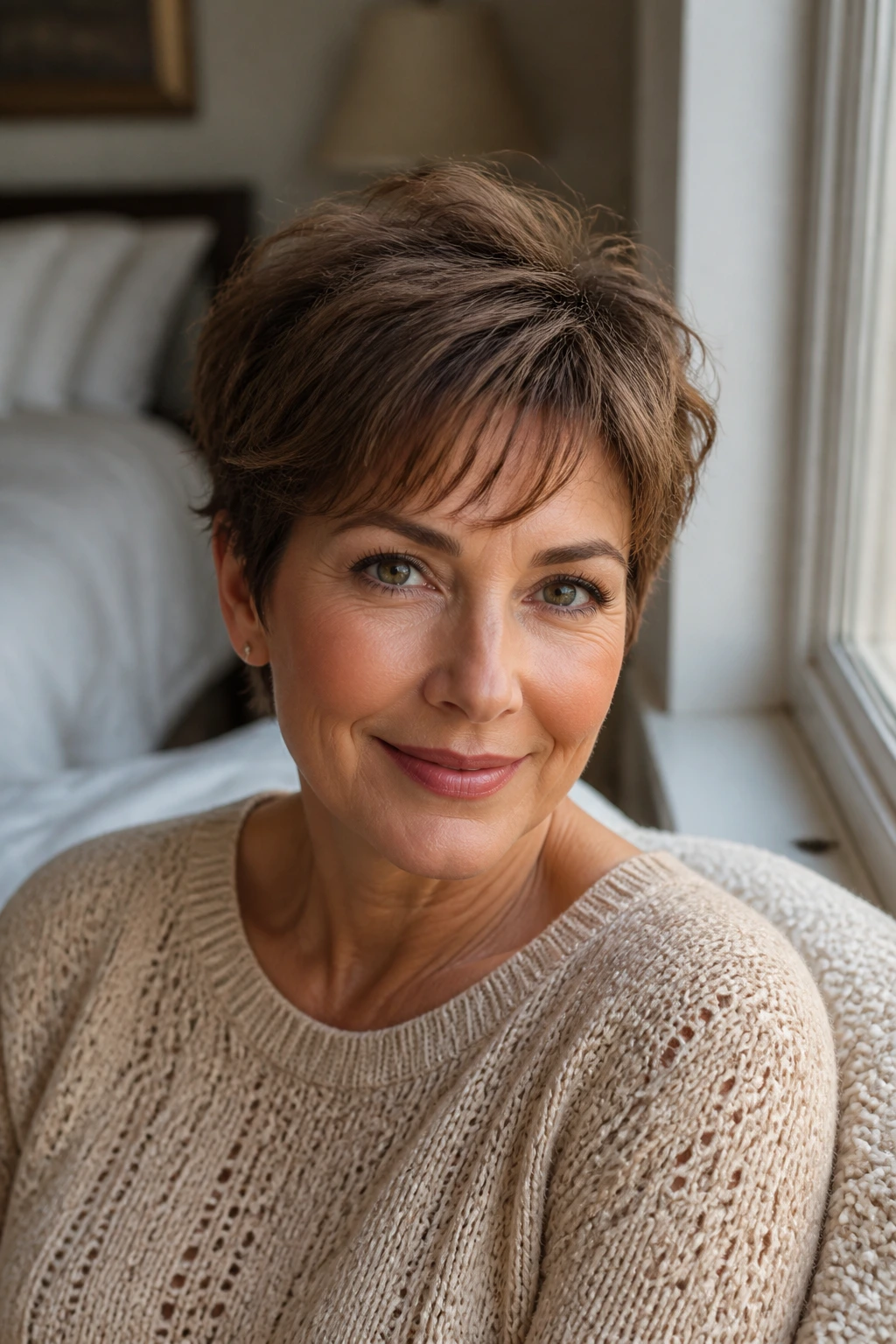 Close-up of a real woman with a grown-out soft pixie showing fringe and crown length