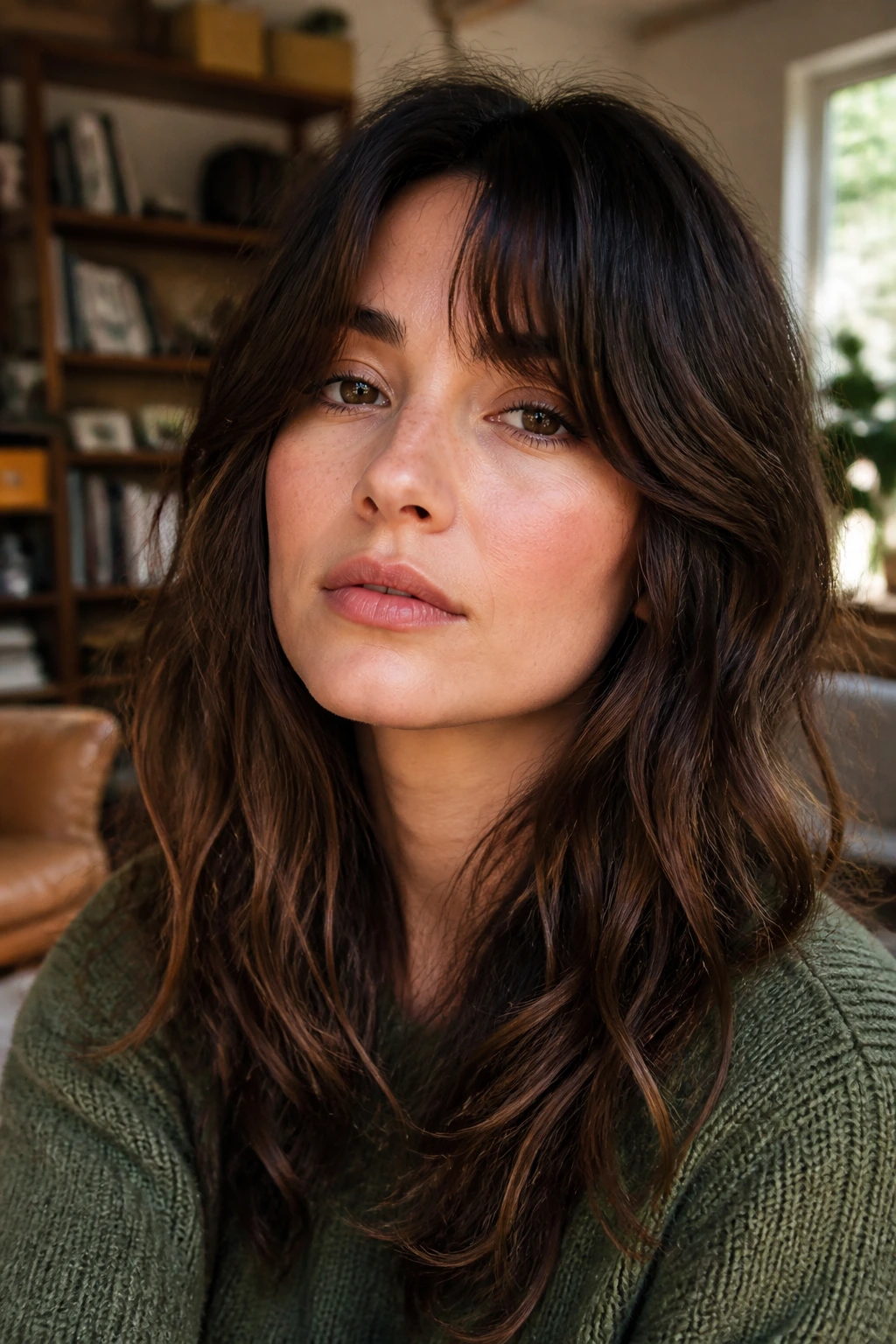 Close-up portrait of a real woman with grown-out shag and relaxed fringe in a living room