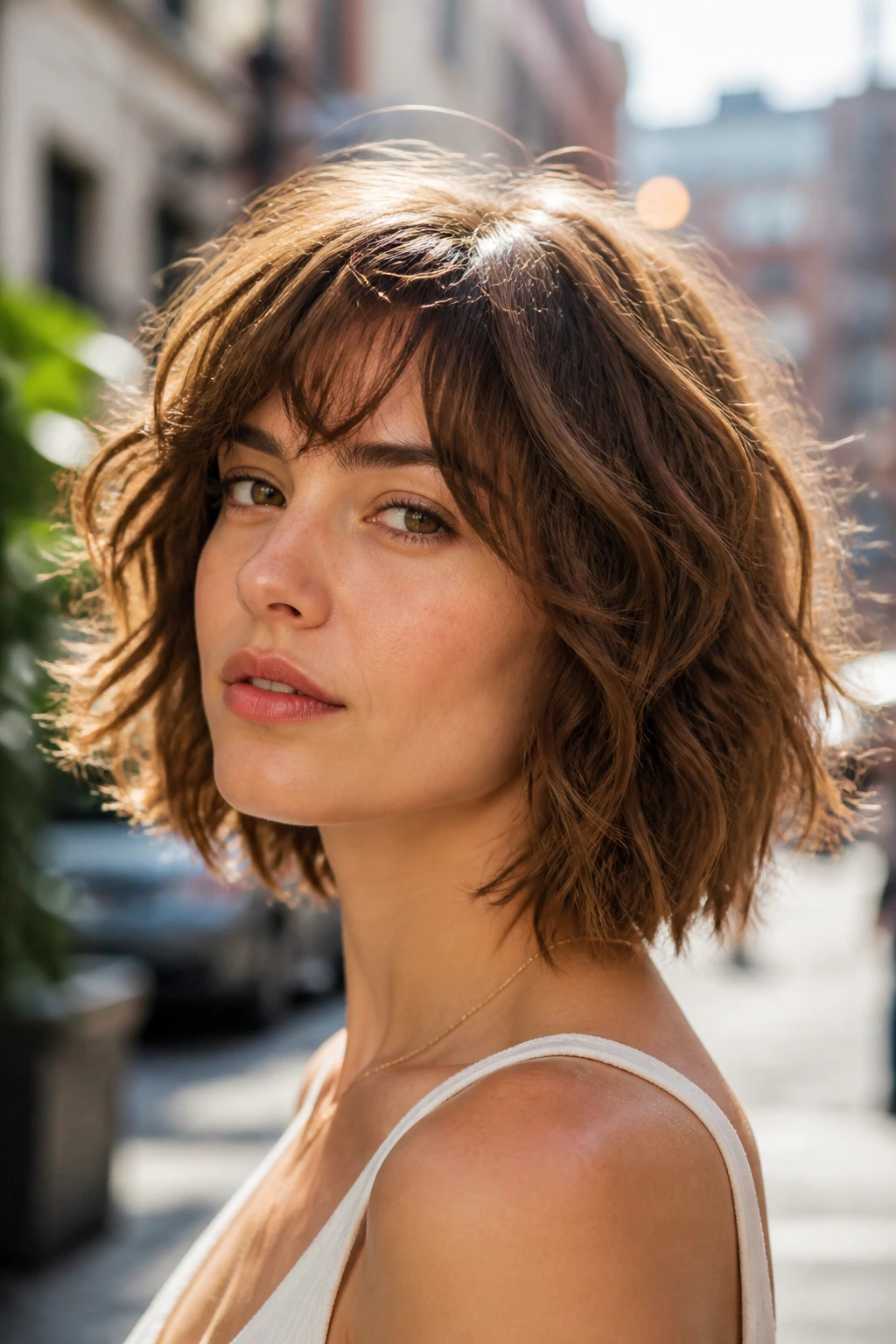 Real woman with a grown-out shag bob on an urban street