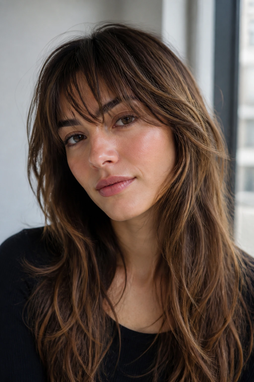 Real person with grown-out shag fringe and soft layers