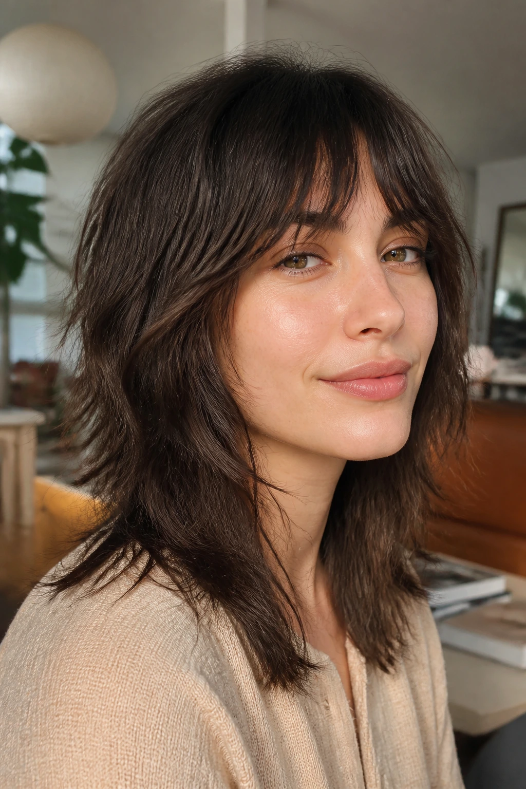 Close-up of a real person with grown-out shag and feathered fringe in daylight